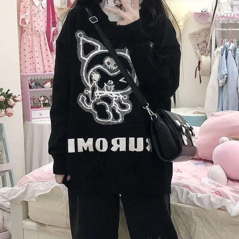 Sanrios Kuromi Sweater Jacket Anime Figure Kawaii Cartoon Hello Kittys Knitting Warm Thicker Crew Neck Sweatshirt Sweet Tops