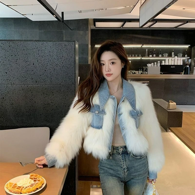 

Модное короткое джинсовое пальто с высокой талией в стиле пэчворк, осень/зима 2026, искусственное мех с утолщенным хлопком, маленькие женские теплые пальто