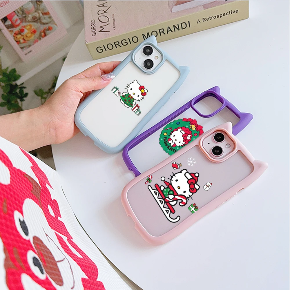 SS177 Hello Kitty Christmas Merry art Cat Ear Soft Phone Cases for iPhone 16 15 14 13 Pro Max Plus Transparent Back Cover