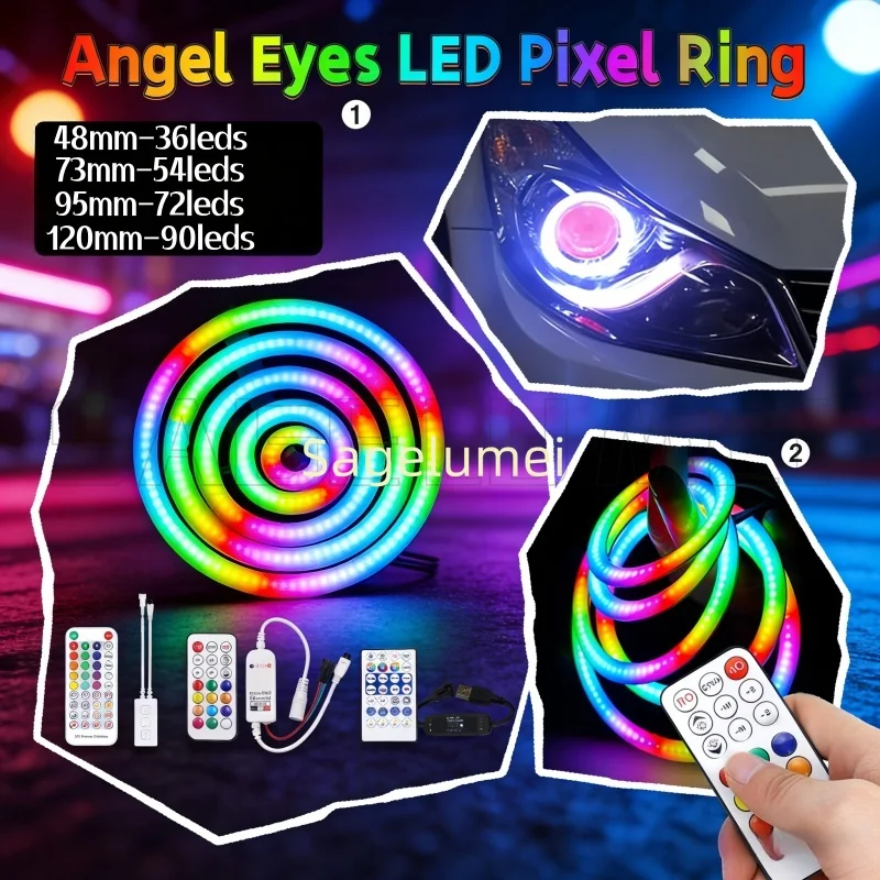 

DC5V COB RING RGB WS2812 27/48/73/96/120mm LED Strip Individually Addressable USB Connector with 611E Bluetooth APP Controller