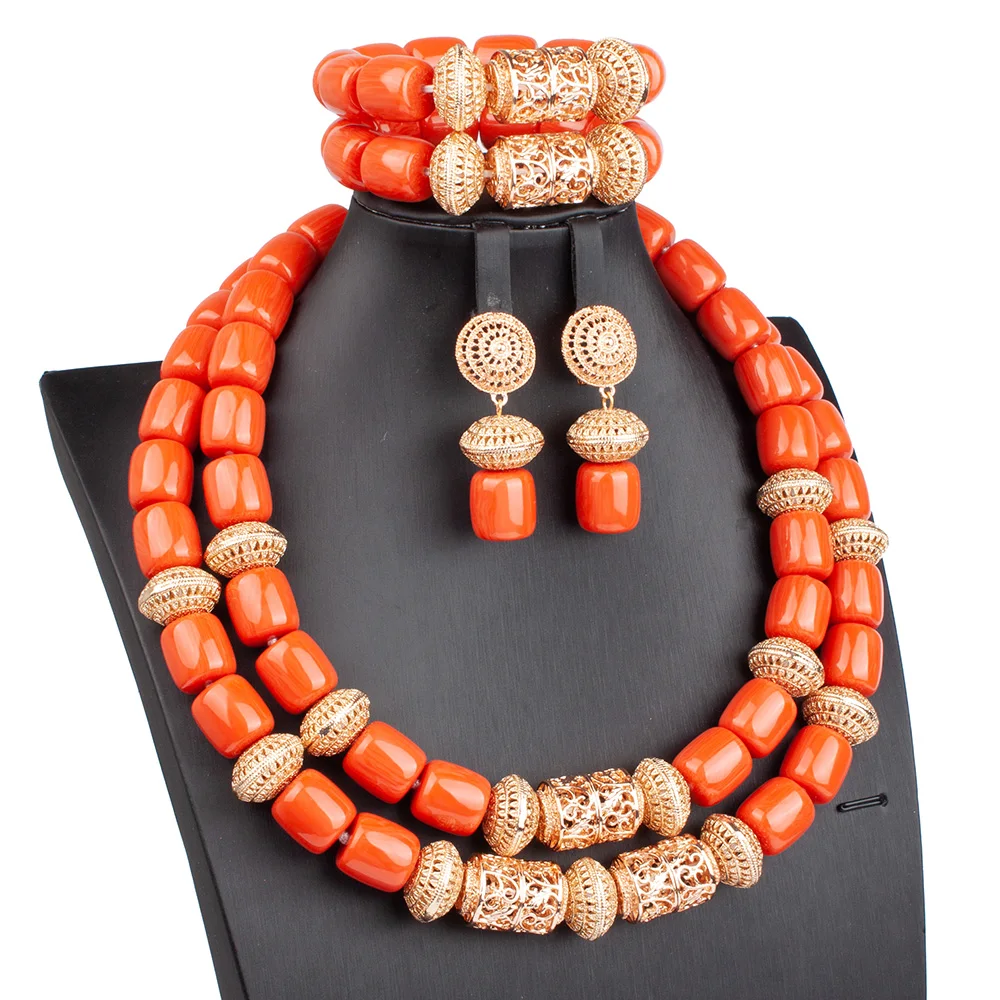 High Quality 2 Layers Artificial Coral Bead African Wedding Jewelry Set Women Necklace Nigeria Bride Party Gift Free Shipping