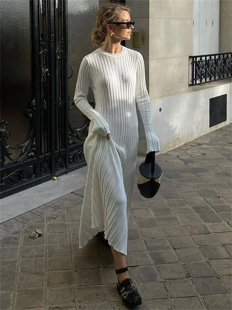 BWQ Lace-Up Female Knit Maxi Dress Autumn High Waist Fashion Patchwork Long Sleeve Loose Solid Dress Bandage Knitwear Dress