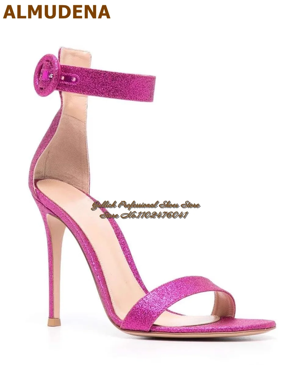 

ALMUDENA Hot Pink Silver Bling Bling Sequined Sandals Women Thin High Heel Single Band Dress Shoes Round Buckle Strap Pumps