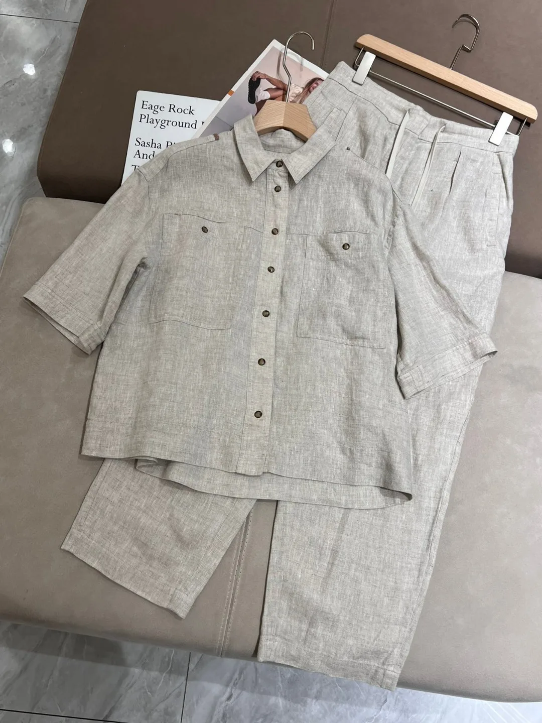 Summer high quality pure linen casual pants suit