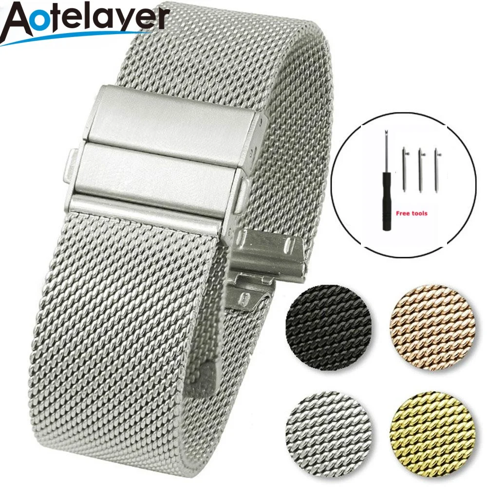 

16mm 18mm 20mm 22mm Quick Release High Quality Stainless Steel Mesh Milanese Strap Watchbands Double Press Butterfly Clasp