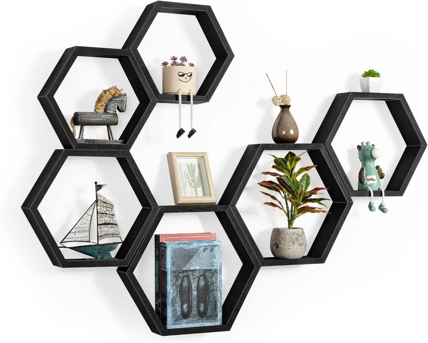

Hexagon Floating Shelves Black Hexagon Shelves for Wall Wood Farmhouse Storage Honeycomb Shelves Set of 6 Hexagon Wall