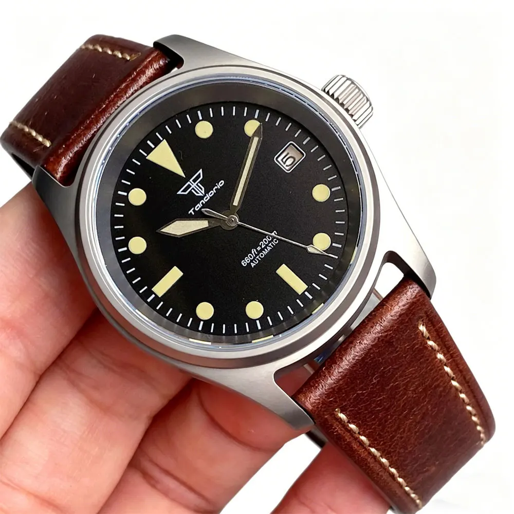 

Tandorio 36mm Black Vintage Pilot Watch Sapphire Glass Automatic Miyota 8215/Asia 2824 Mechanical Movement Watches Leather Band