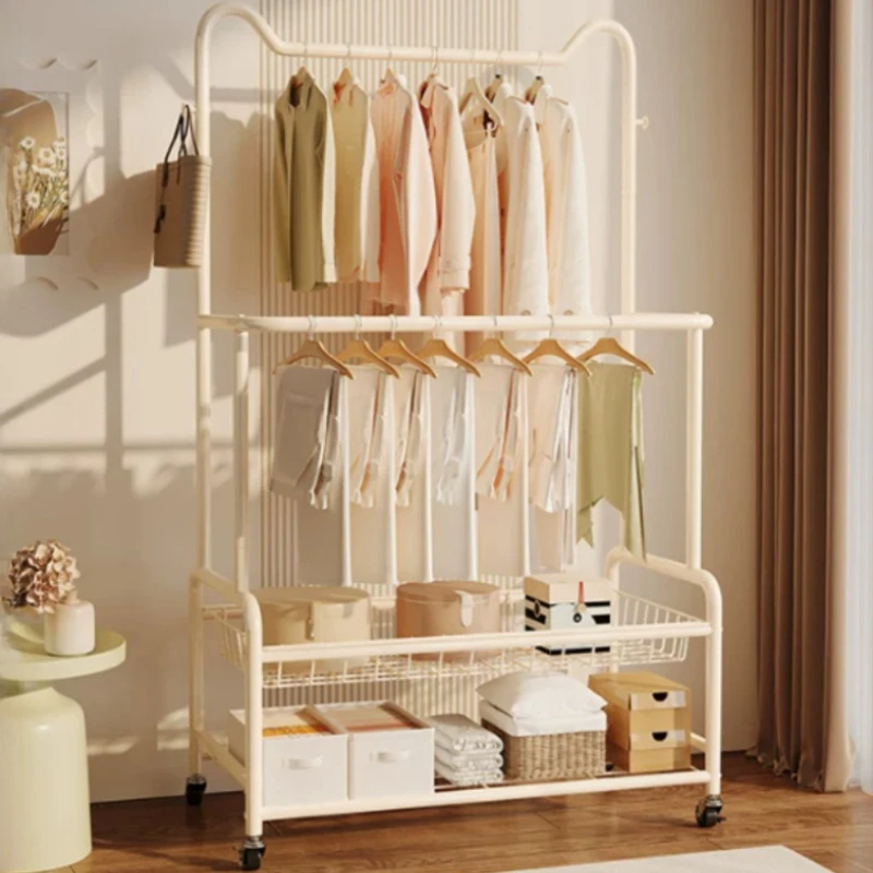 With Wheels Garment Rack Mobile Double Rod Clothes Hanger Stand With Storage Basket Side Hooks Clothing Organizer For Bedroom