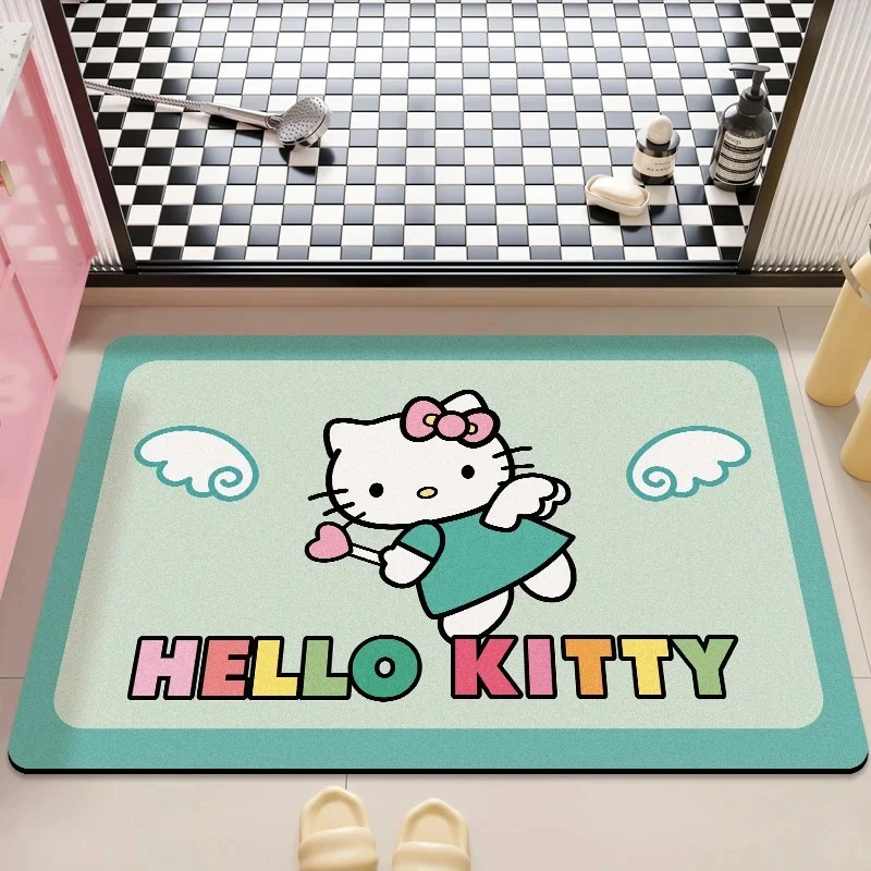 Home Decor Square Hello Kitty Rainbow‑Stripe Diatomite Bath Mat Macaron Tone Non‑Slip Mat