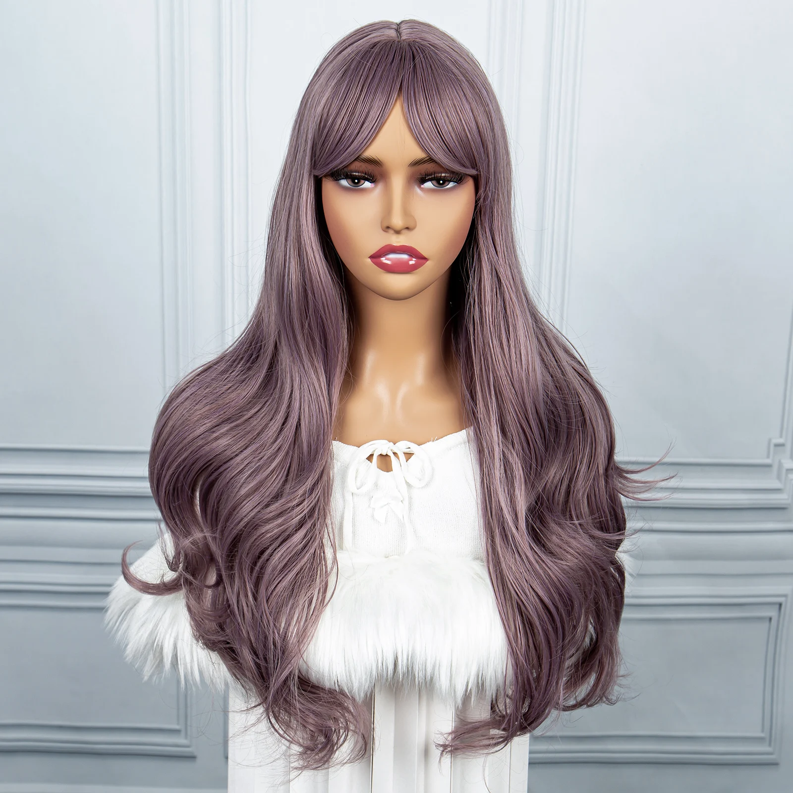 Purple Synthetic Hair Wig Long Wavy with Bangs Wig 30 Inches for White Black Women Cosplay Heat Resistant Hair Daily Party Use