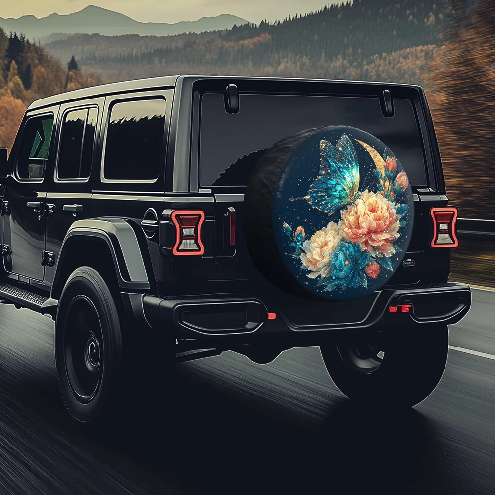 夜の蝶と咲く花のタイヤカバー、豪華で神秘的なスタイル、ビジネス車両や高級車に最適