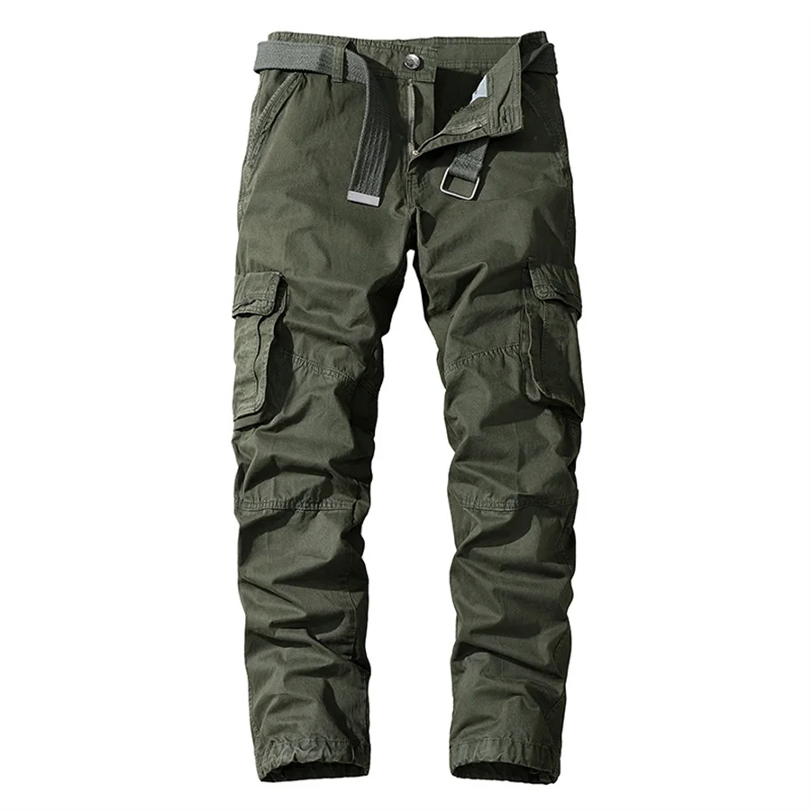 2025 New Men's Cargo Pants Casual Green Multi Pocket Pants Long Work Trousers for Men Cotton Straight Outdoor Jogging NO Belt