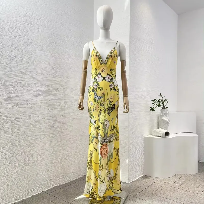 Silk High Quality 2024 Re-tro SleevelessYellow Floral Print Elegant Diamonds Backless Women Vacation Maxi Summer Camisole Dress