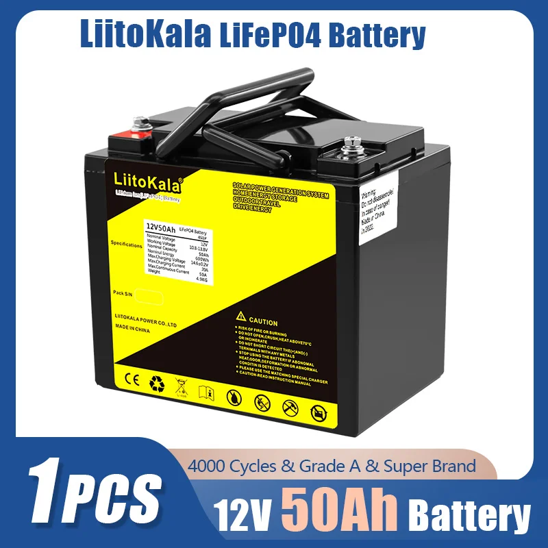 LiitoKala 12V 50ah 60ah Lithium 12.8V LiFePO4 Battery pack for Solar Energy storage system Electric Boat Yatch 14.8V20A charger