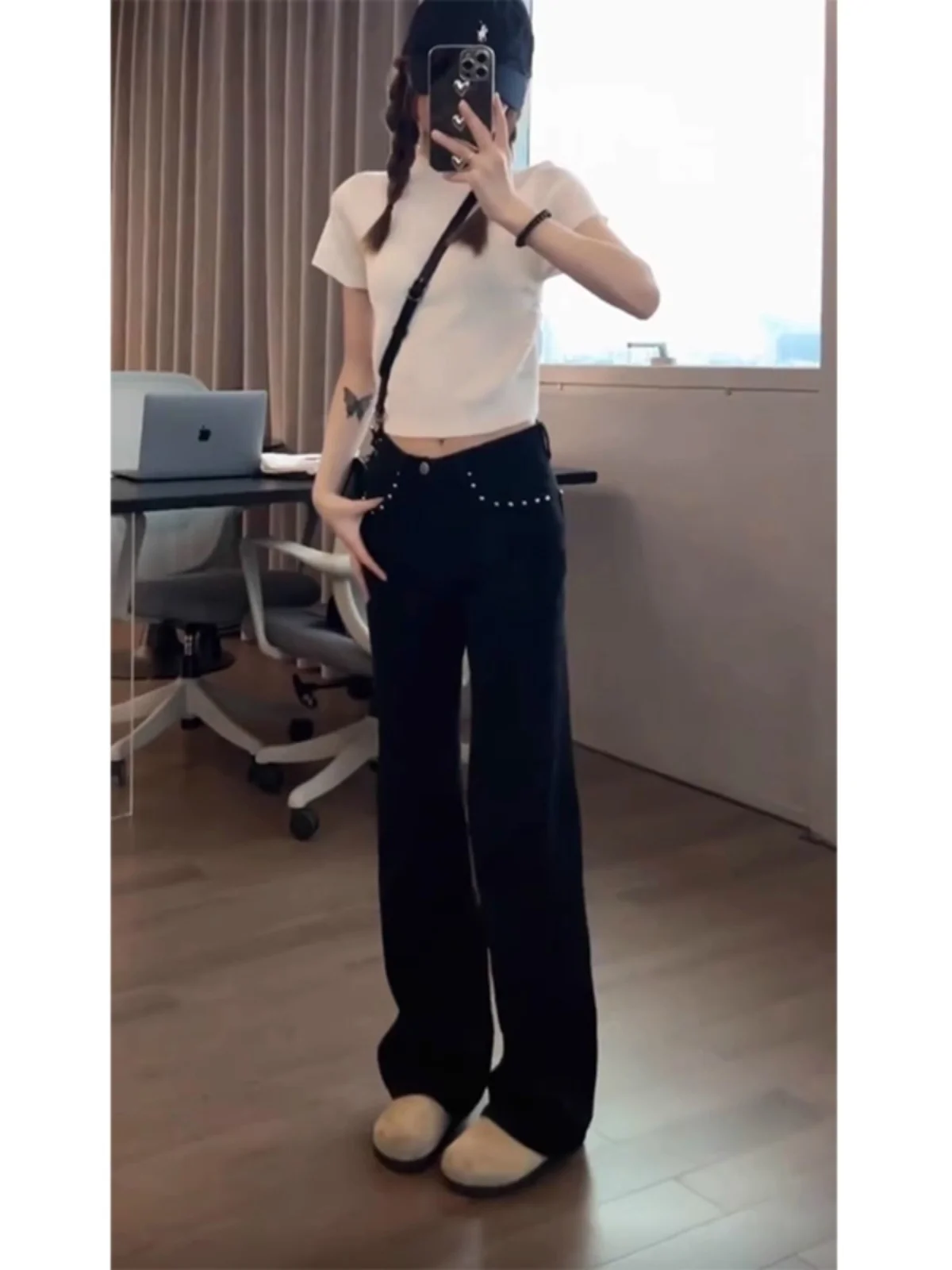 High Waist Bell Bot Jeans mit geradem Bein für Damen in Übergröße, American Sle Rivet Embellied, schlankmachende Hose mit weitem Bein