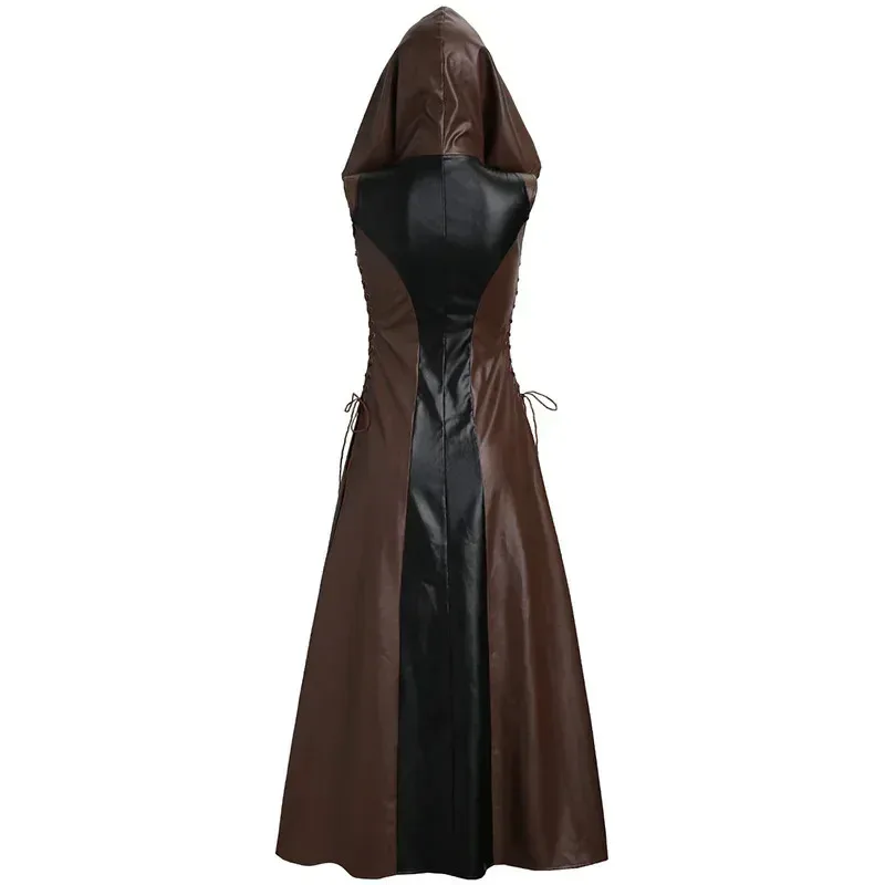Medievale Archer Ranger Elfo Halloween Hobbit Costume Donna Assassino Jerkin Cosplay Corpetto Abito Cappuccio in pelle Veste Mantello per adulto