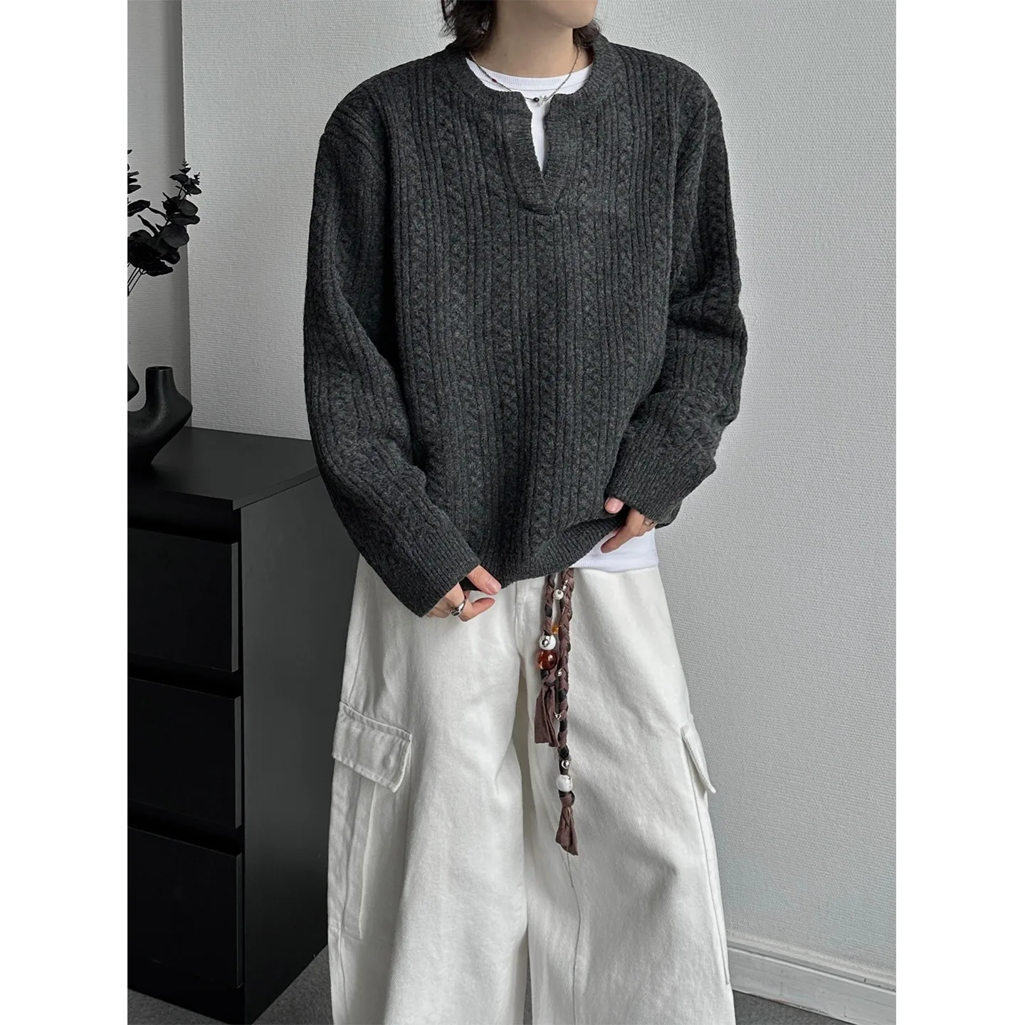 

Retro Knitted Sweater Men's Autumn Winter Italian mat Twist Pattern Woolen Coat Briti Sle V-ne Clothes