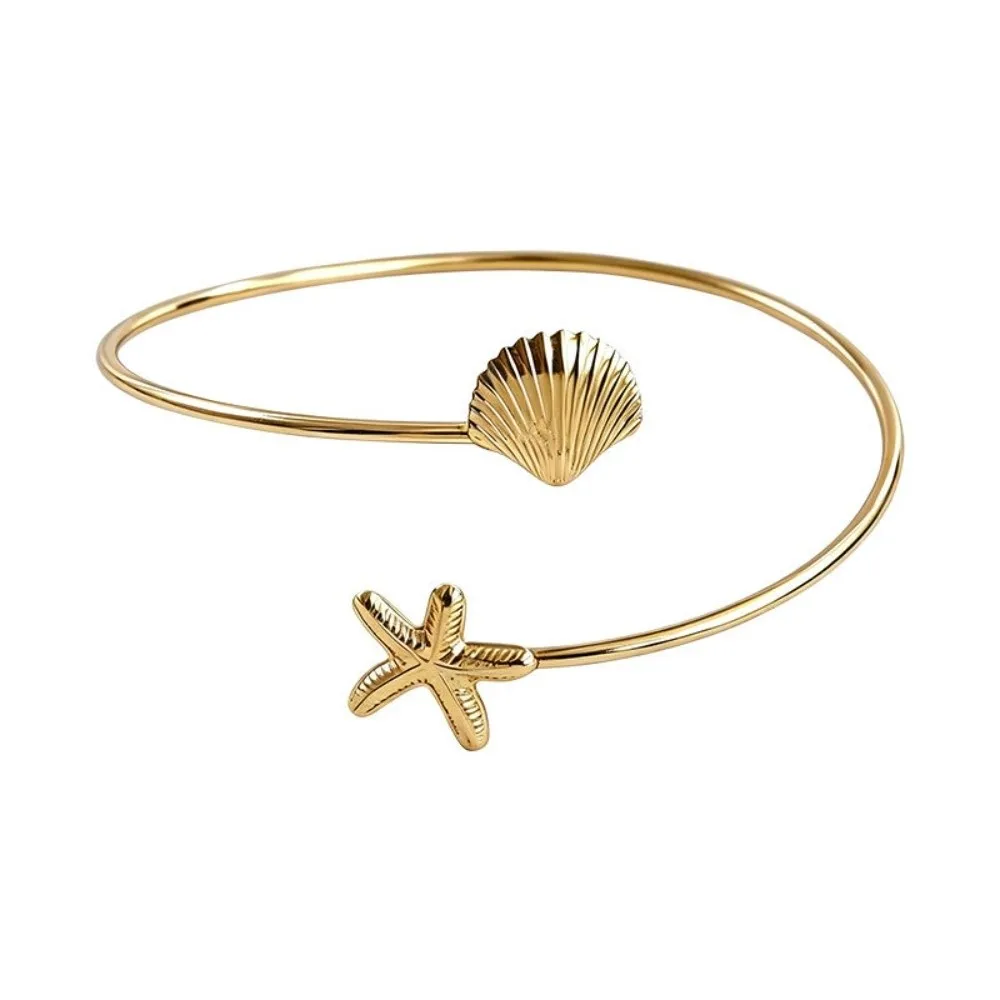 New Ocean Style Upper Arm Cuff Bracelet Starfish Gold Color Open Cuff Armlet Spiral Design Seashell Cuff Arm Ring Jewelry