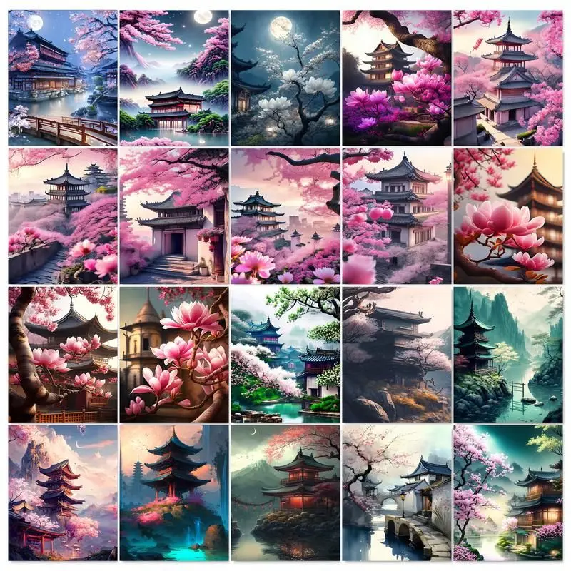 

GATYZTORY Sakura Pagoda Painting By Numbers Kits Landscape Modern Drawing Coloring By Numbers Acrylic Paint For Home Decor