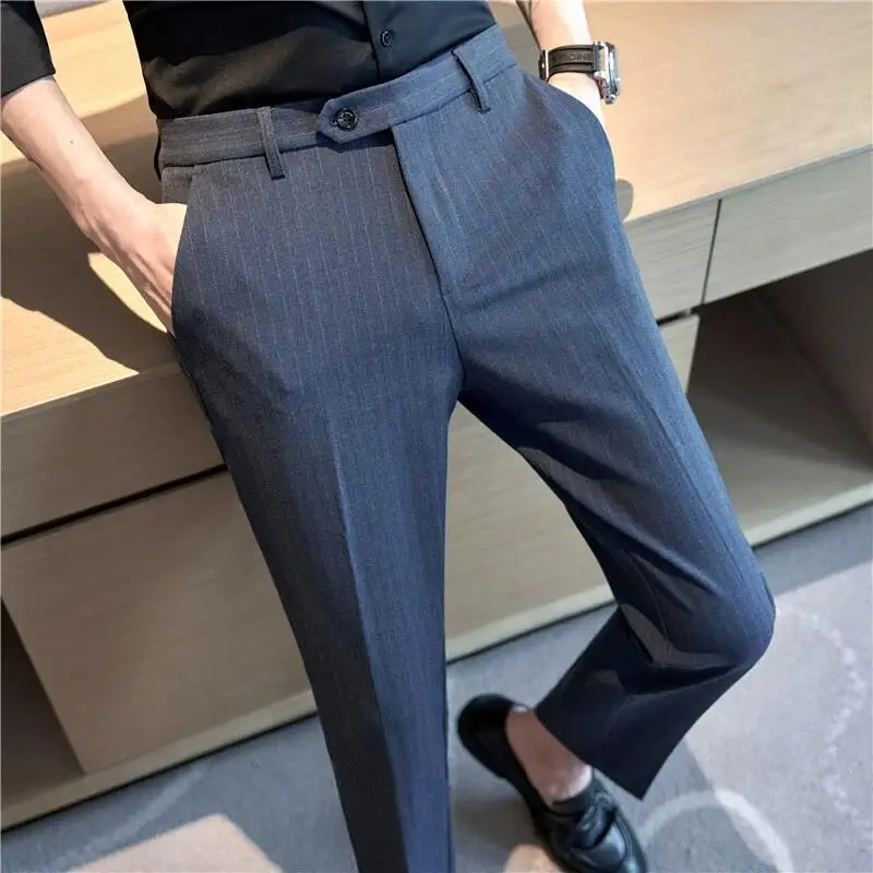 

Autumn High Quality Stripes Suit Pants Mens Business Slim Fit Solid Color Suit Pants Office Social Wedding Party Dress Pants