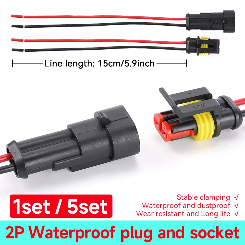 

1/5Set 2Pin Automotive Male Female Electrical Connectors Plug Way Waterproof With Wire For Car Motorcycle Scooter Marine 15cm