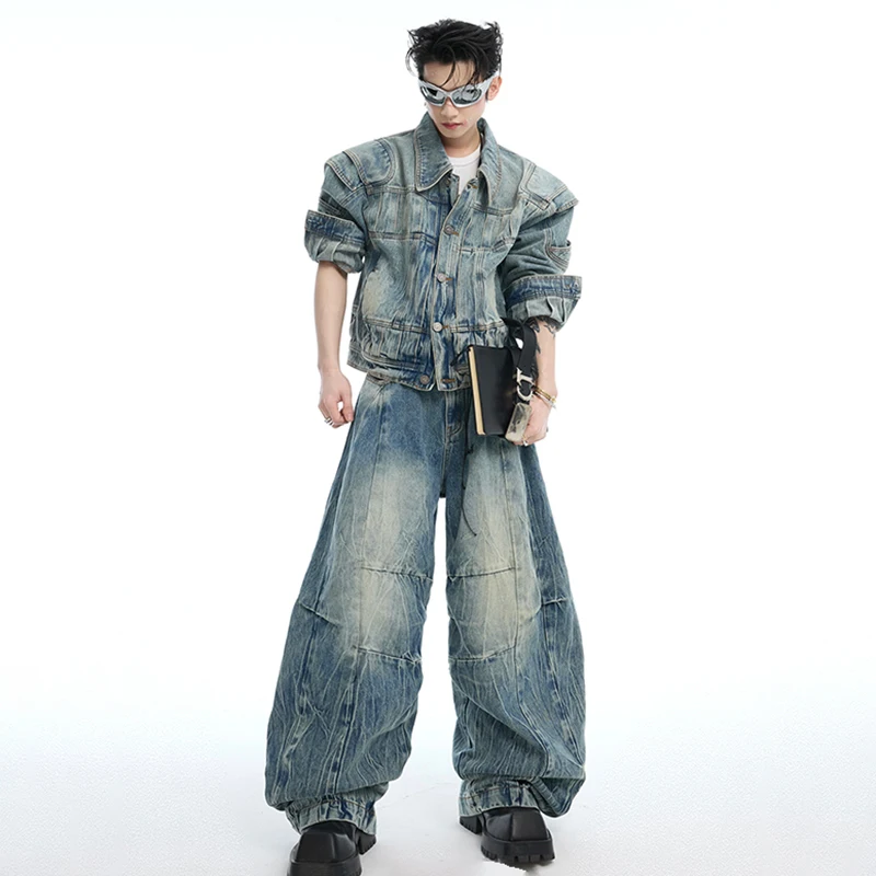 LUZHEN Origineel Niche-ontwerp Zakken Versieren Gewassen Denim Jas Herenmode High Street 2025, Nieuwe losse jeans met wijde pijpen LZ9410