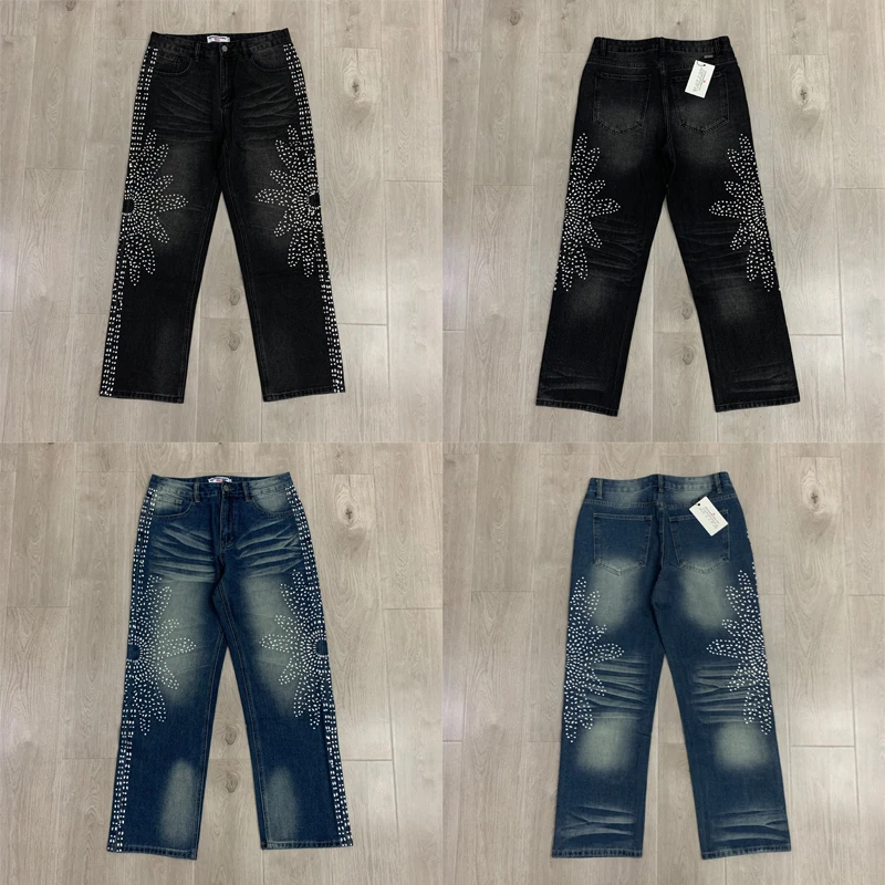 

Men's Clothing Vale Embroidery Flower Rhinestone Logo Jeans Black Blue Men Women Straight Loose Pants Valley Casual Trousers