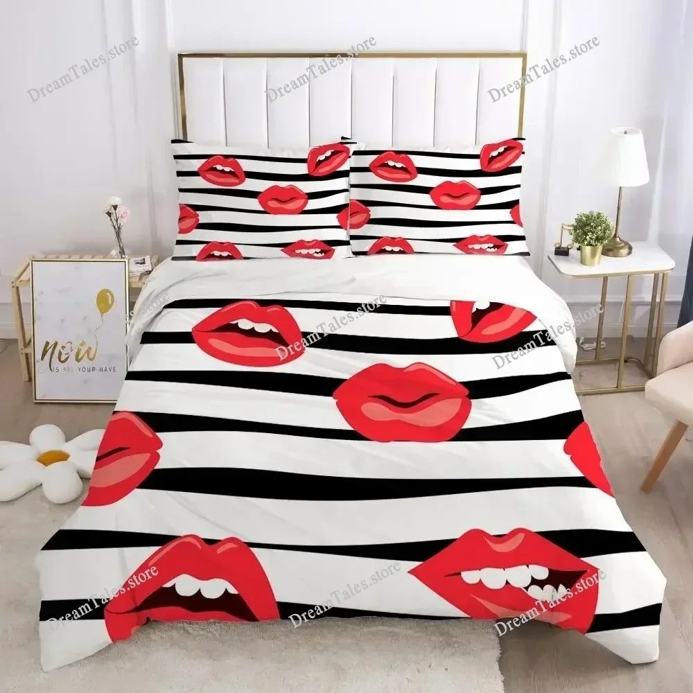 

Red Lips Duvet Cover Set Queen Polyester Love Twin Bedding Set Sexy Theme Adult Couple Comforter Cover 3D Kiss Marks Quilt Cover