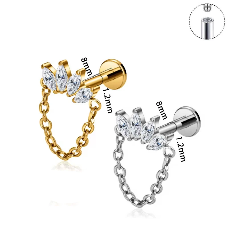 1 قطعة G23 التيتانيوم مسمار موضوع داخلي مسطح الزركون الحصان العين سلسلة بدلاية الغضروف الزنمة الشفاه مسمار Labret ثقب المجوهرات