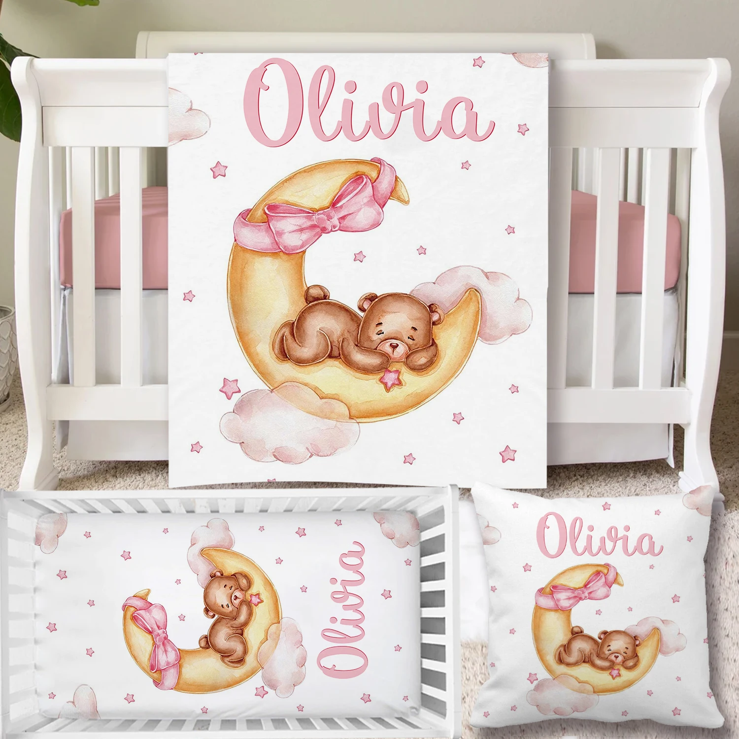 UOOPOO Custom Name Girl Sleeping Bear Sleep on Moon Pillow Cover Set, Crib Bedding Set, Crib Sheet, Blanket