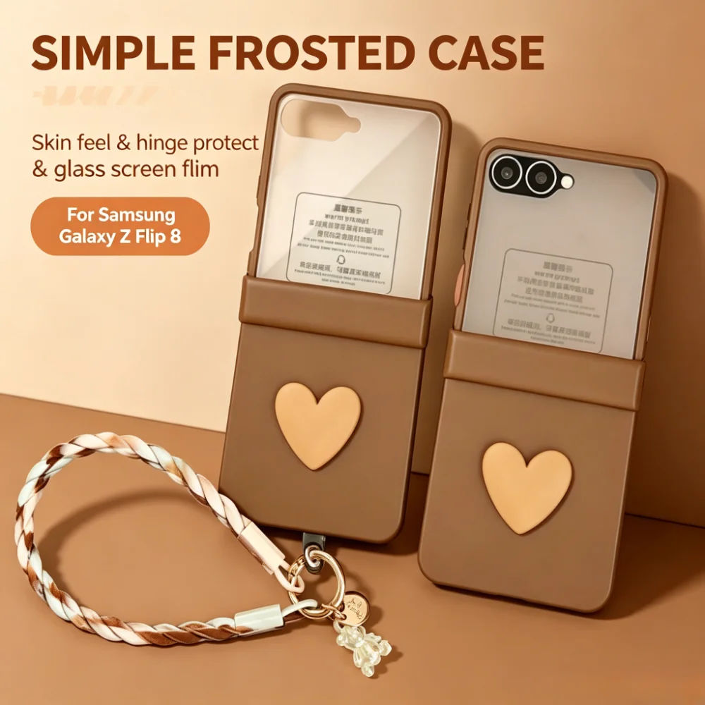 Trendy Frosted Skin Feel PC Phone Case For Samsung Z Flip 8 7 FE 6 5 Portable Wrist Strap Glass Screen Film Hinge  Protect Cover