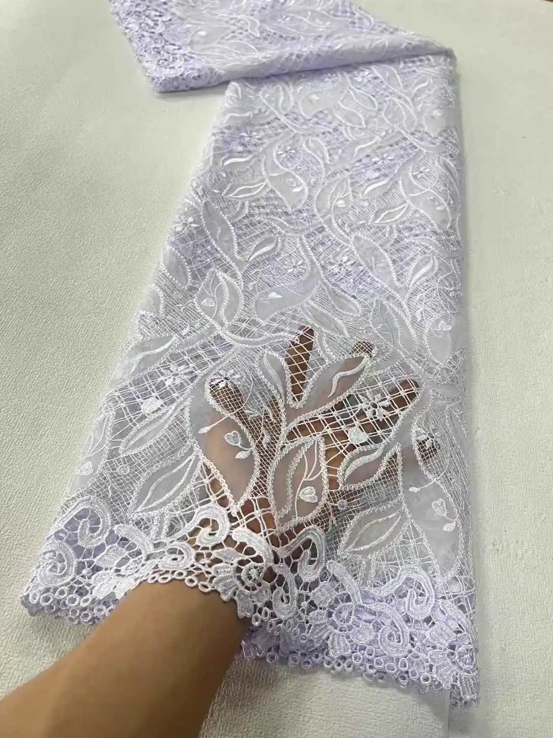 

White African Nigerian Guipure Lace Fabric 2025 High Quality Tulle Wedding Party Dresses Sequins For Sewing Embroidery 5 Yards