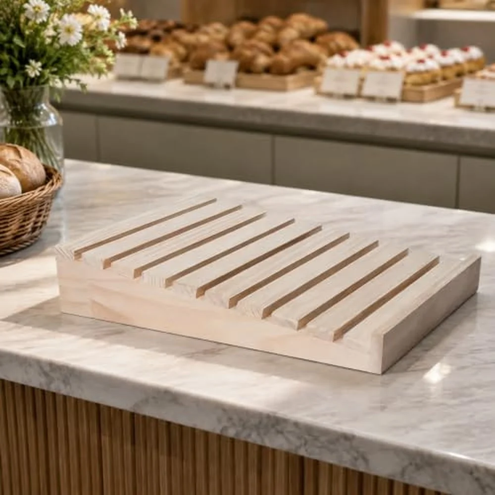 Solid Wood Bakery Display Rack Versatile Countertop Bread Display Rack with Open Slats Wooden Shelf Unit for Retail
