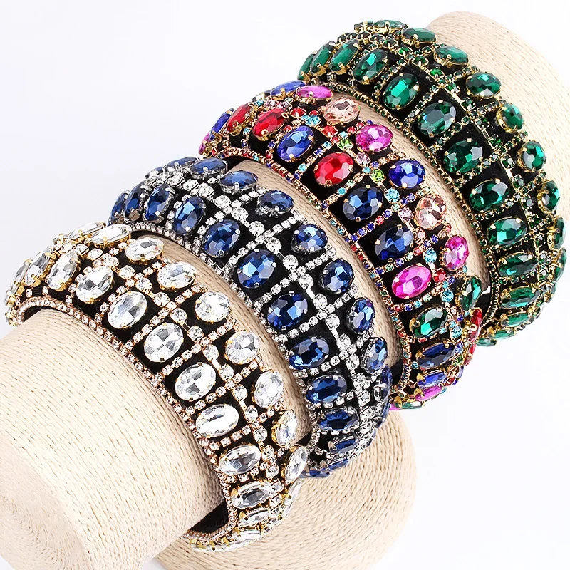 

Luxury Baroque Sparkly Padded Rhinestones Headbands Full Crystal Hairbands Wide Edge Vintage Hair Band Hair Accessories Women