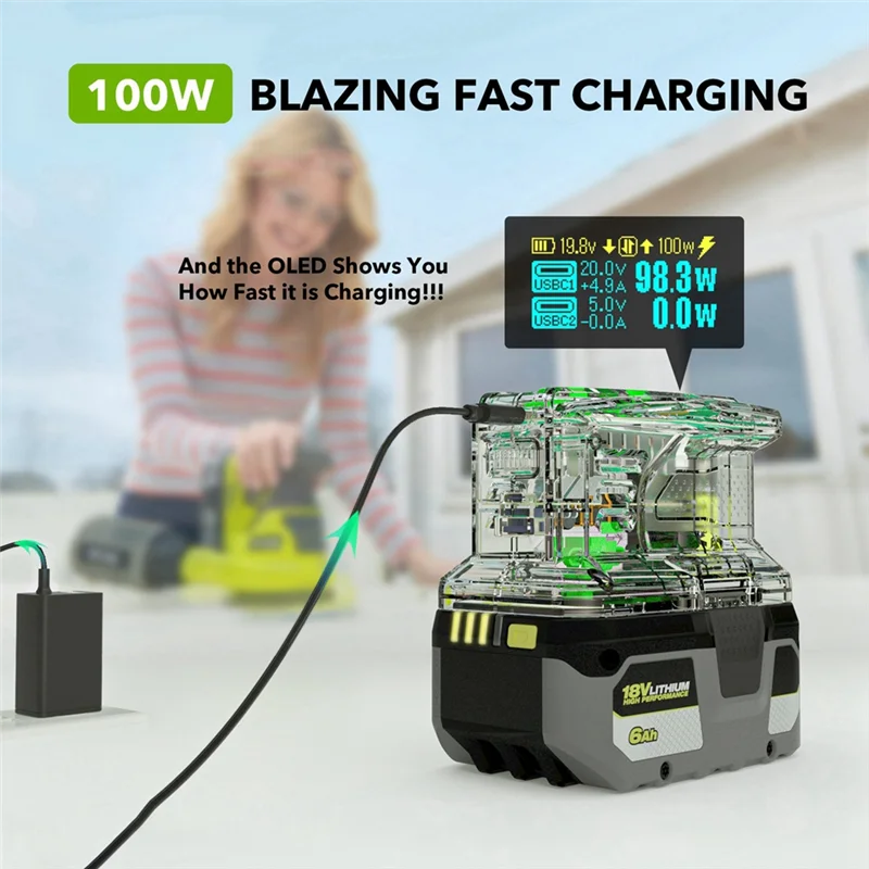 

ABAC-Fast Charger For RYOBI 18V ONE+ Battery Charger Lithium Battery 100W Fast Charger Two-Way Power Charger PSC Pro Max B