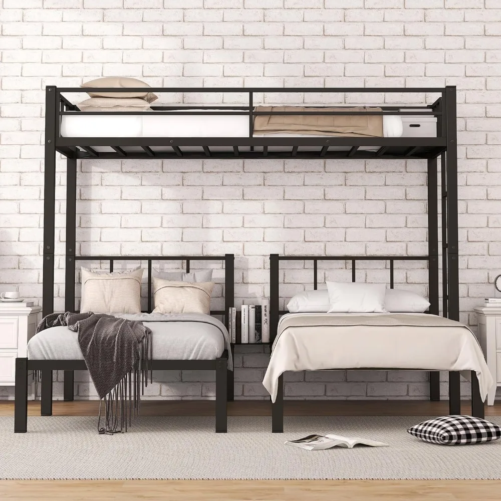 Black Metal Triple Bunk Beds Frame, Twin Over Twin & Twin Bunk Bed with Guardrails, Can Be Separated into 3  Beds for Kids