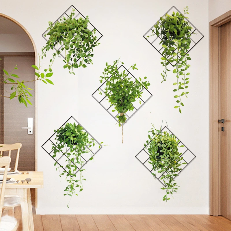 Green Plant Hanging Basket Wall Sticker Nordic Small Fresh Green Plant Living Room Corridor Porch Home Decoration 3D Wallpaper