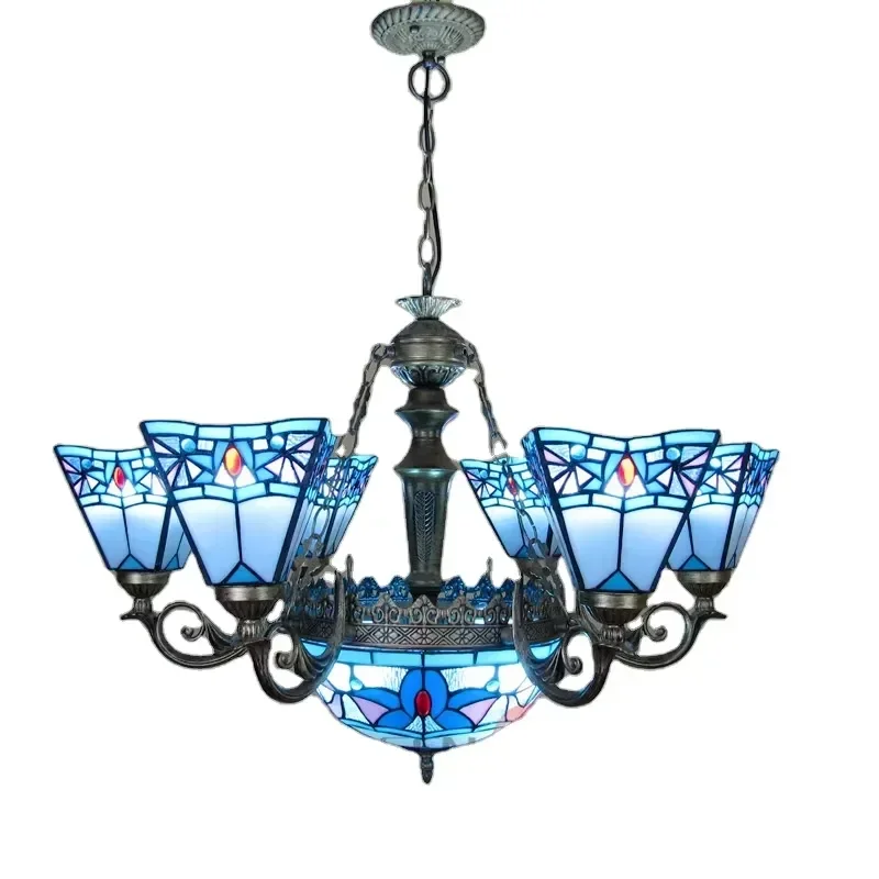 European Vintage Mediterranean Style Stained Glass Chandelier Hanging Light Color Glass Decorative LED Lamps Pendant