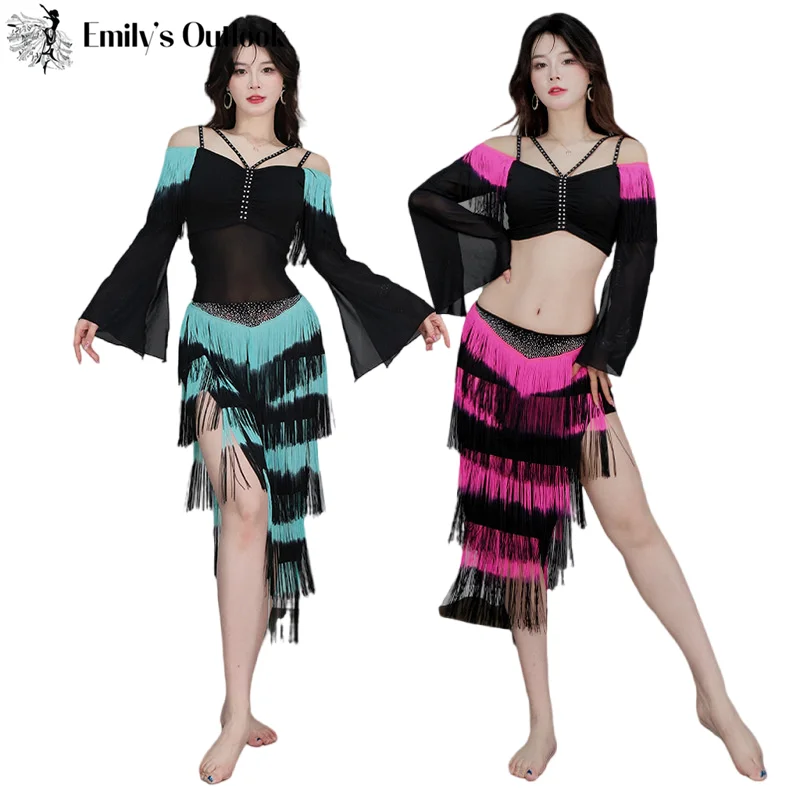 

Fringe Belly Dance Costume Horn Long Sleeve Top Sexy Side Split Skirt Rave Carnival Outfit Oriental Dancer Performance Clothes