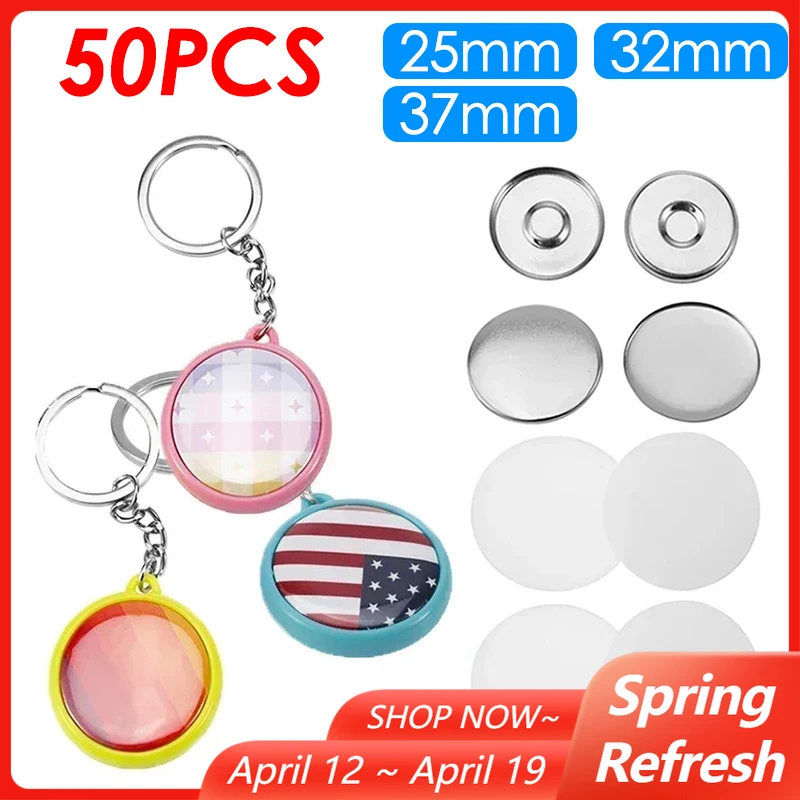 

50pcs/Set 25/32/37mm Double-side Keychain Badge Button Pins Maker DIY Round Badge Pin Parts Key Ring Button Making Material