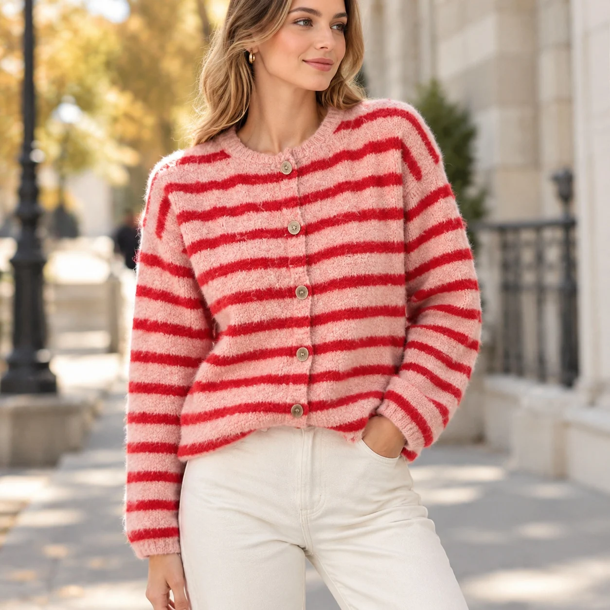 Round Neck Striped Coat Regular Length Casual with Long Sleeves Long Sleeve Single Breasted Buttons Autumn Cardigan for Women