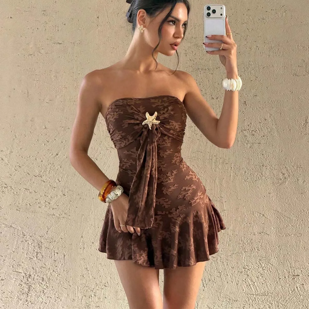 Newly designed retro-textured seductive and stylish wrap-neck low-cut dress women trendy fashionable high street punk style Y2K