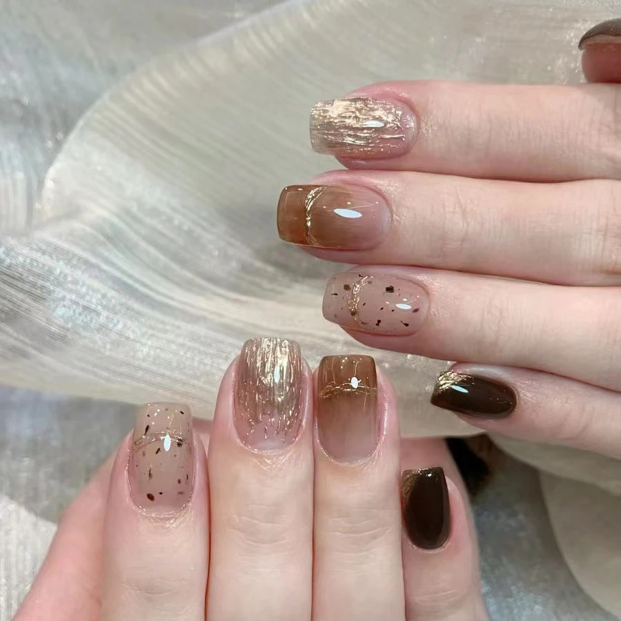 Handmade Press on Nails Caramel Blending Amber Cat's Eye False Nails Short Square Head Manicure Wearable Nail Tips Art 10pcs