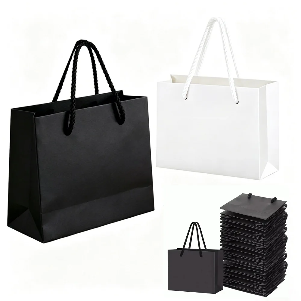 10 sacs cadeaux épais avec poignée pour mariage, baby shower, fête d'anniversaire, emballage de bijoux, blanc et noir