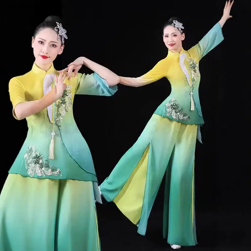 

Модный градиентный танцевальный костюм в стиле Цзяннань, одежда для танцев с зонтами, национальная танцевальная одежда, китайский стиль, классический танцевальный костюм Ханьфу