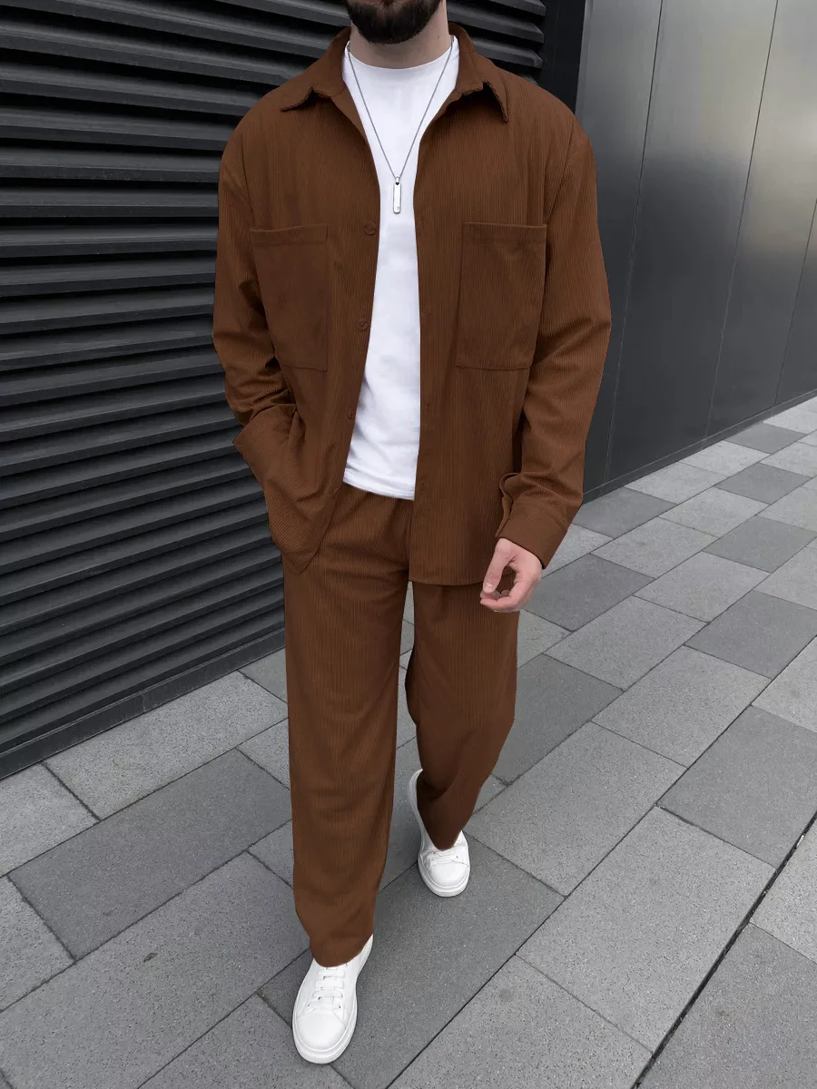 Men's corduroy two-piece outfit: long-sleeved button-down shirt and wide-leg trousers set, fashionable casual street sportswear. - Image 5