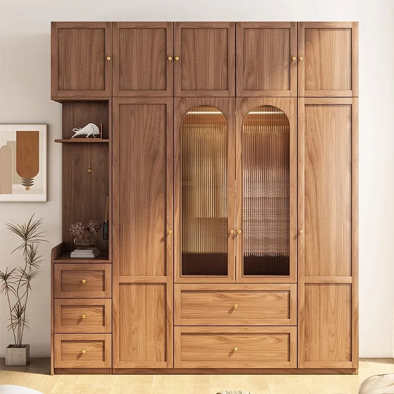 ^Antique Style Flat Door Swing Glass Wardrobe Chinese Style 5+ Drawers Household Bedroom Small Apartment Modern Simple Economica