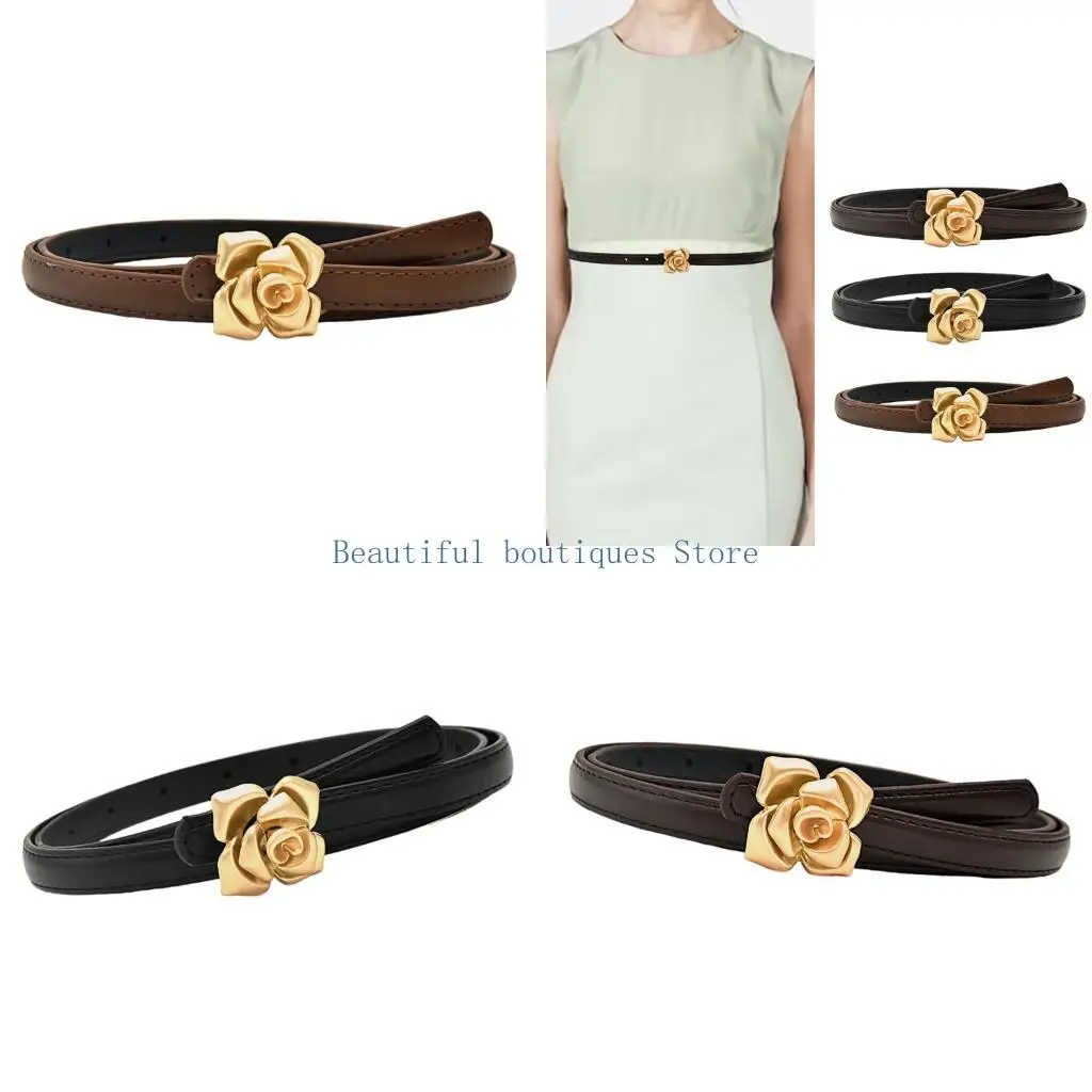 U4LF Schlanker Gürtel mit Rosenknopf, verstellbares PU-Lederband für Damen-Jeans