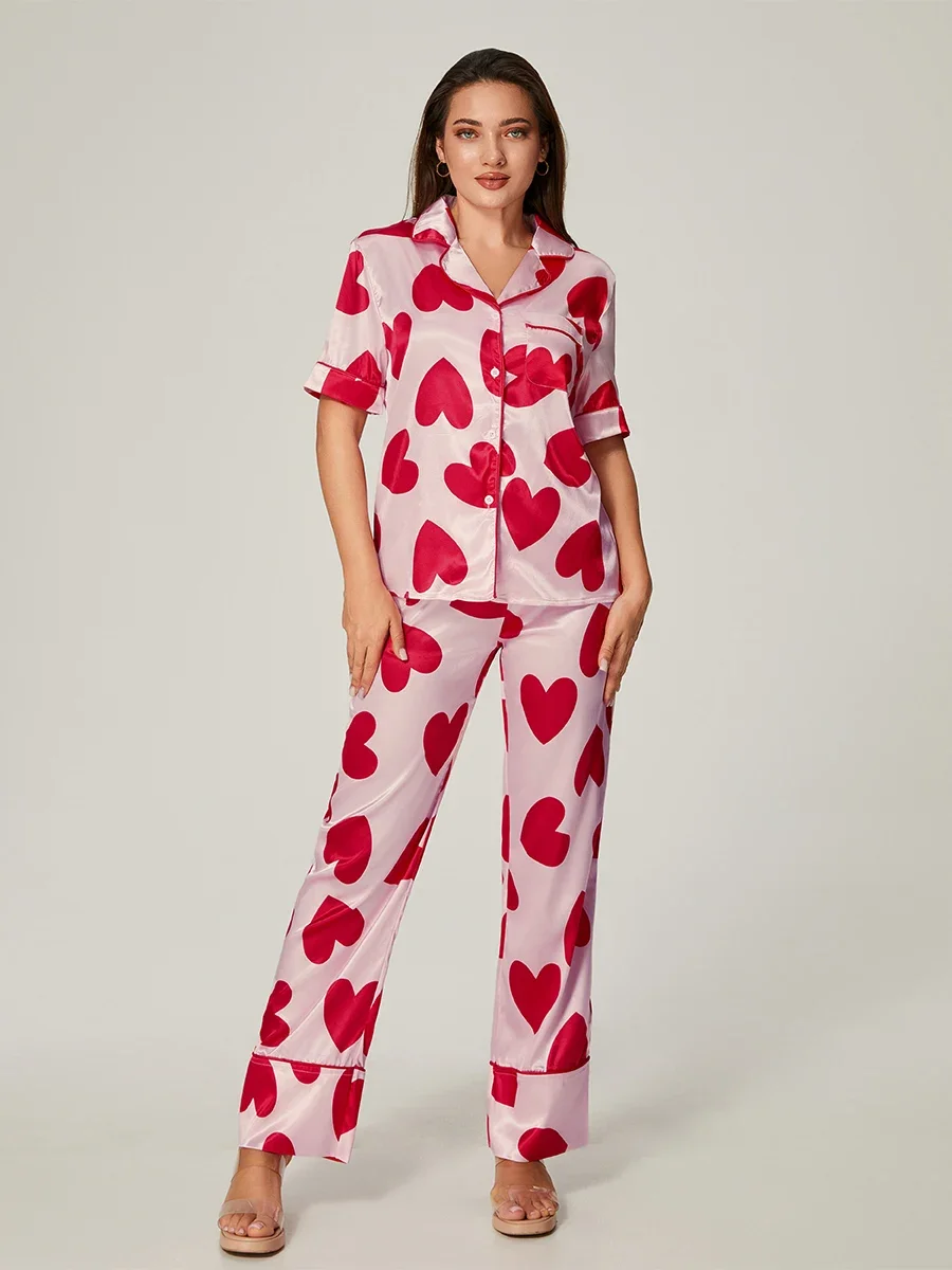 Women Valentine's Day Pajama Set Sweet Heart Print Short Sleeve Button Closure Tops with Elastic Pants Sleepwear Lounge Sets Pjs