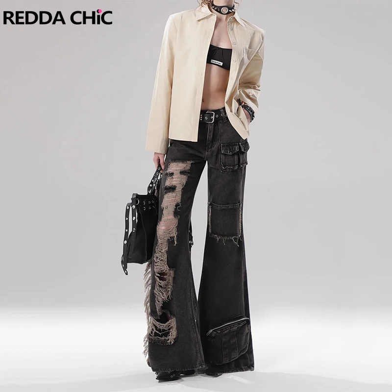 

ReddaChic Big Size Raw Edge Wide Leg Cargo Pants Women Y2k Multi-pocket Destroyed Patchwork Flare Jeans Acubi Fashion Work Wear